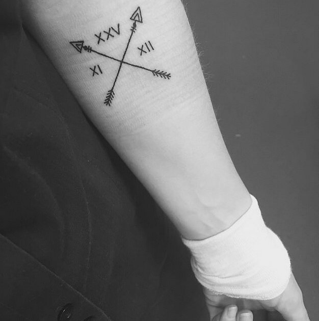 Crossed Arrows With Roman Numeral Tattoo On Forearm