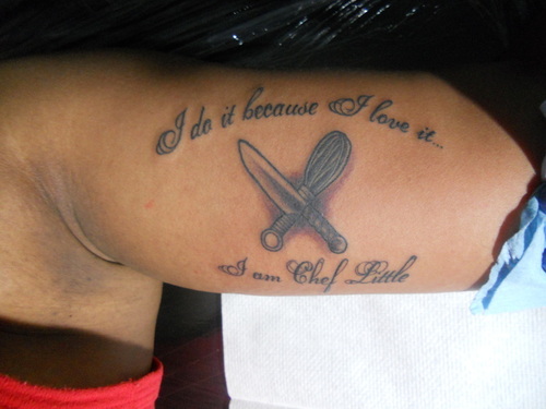 Crossed Chef Knife And  Egg Beater With Lettering Tattoo