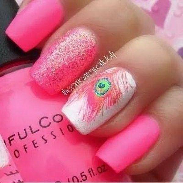 Cute Accent Pink Feather Nail Art