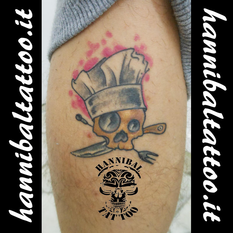 Cute Burning Chef Skull With Crossed Fork And Knife Tattoo