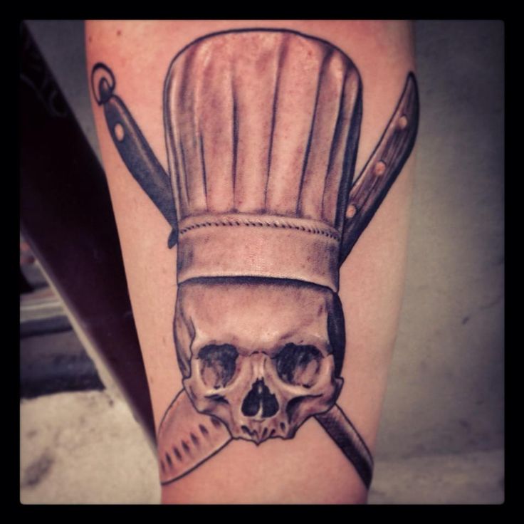 Cute Chef Skull With Crossed Knives Tattoo