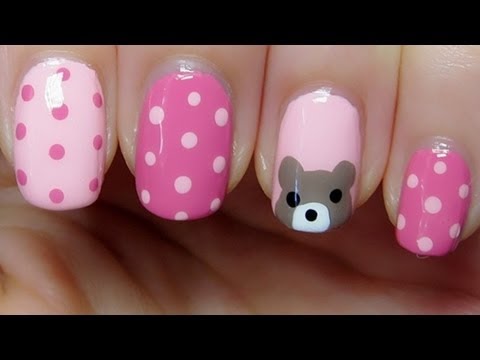 Cute Pink Polka Dots With Teddy Bear Face Nail Art