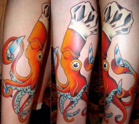 Cute Red Chef Octopus Holding Knives Tattoo
