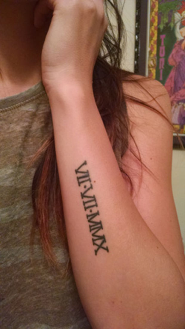 Cute Roman Numeral Date Tattoo On Arm Sleeve For Girls