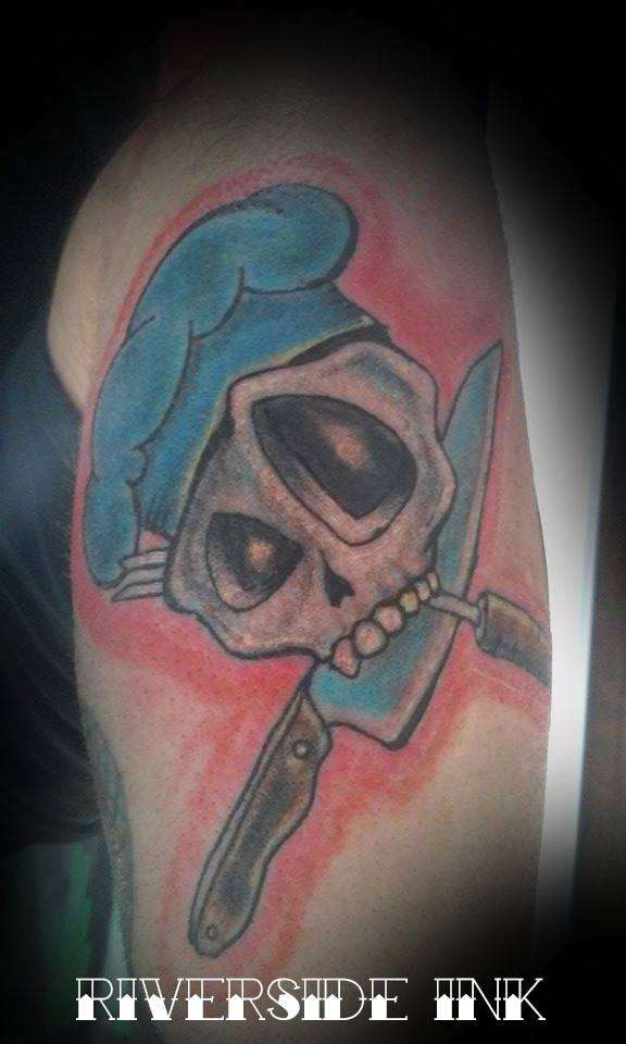 Cute Skull With Chef Hat And Crossed Knives Tattoo