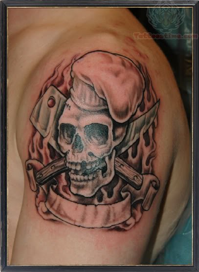 Dangerous Chef Skull With Knife And Cleaver With Flames Tattoo On Left Shoulder