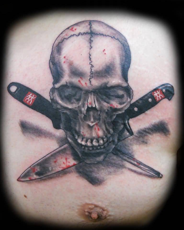 Dangerous Skull With Crossed Chef Knives Tattoo