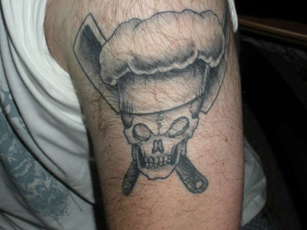 Dangerous Skull With Crossed Knife And Cleaver Chef Tattoo On Half Sleeve