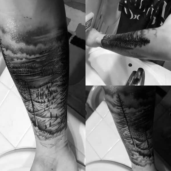 Dark Ink  Forest Tattoo On Forearm