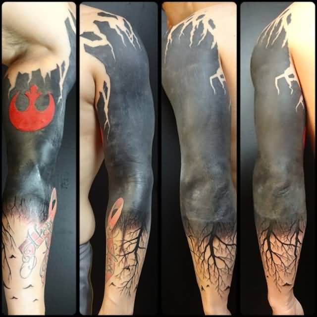 Dark Ink Forest Tattoo On Half Sleeve