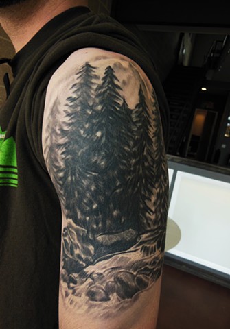 Dark Ink Forest Tattoo On Left Shoulder