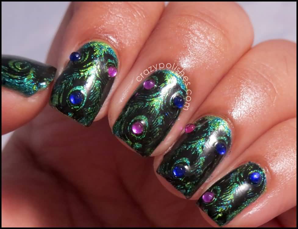 Dark Peacock Feather Nail Art With Pearls Design
