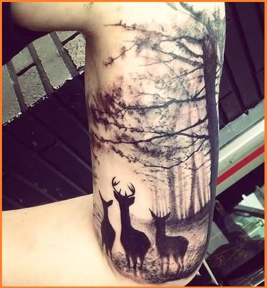 Deers On Forest Tattoo On Half Sleeve