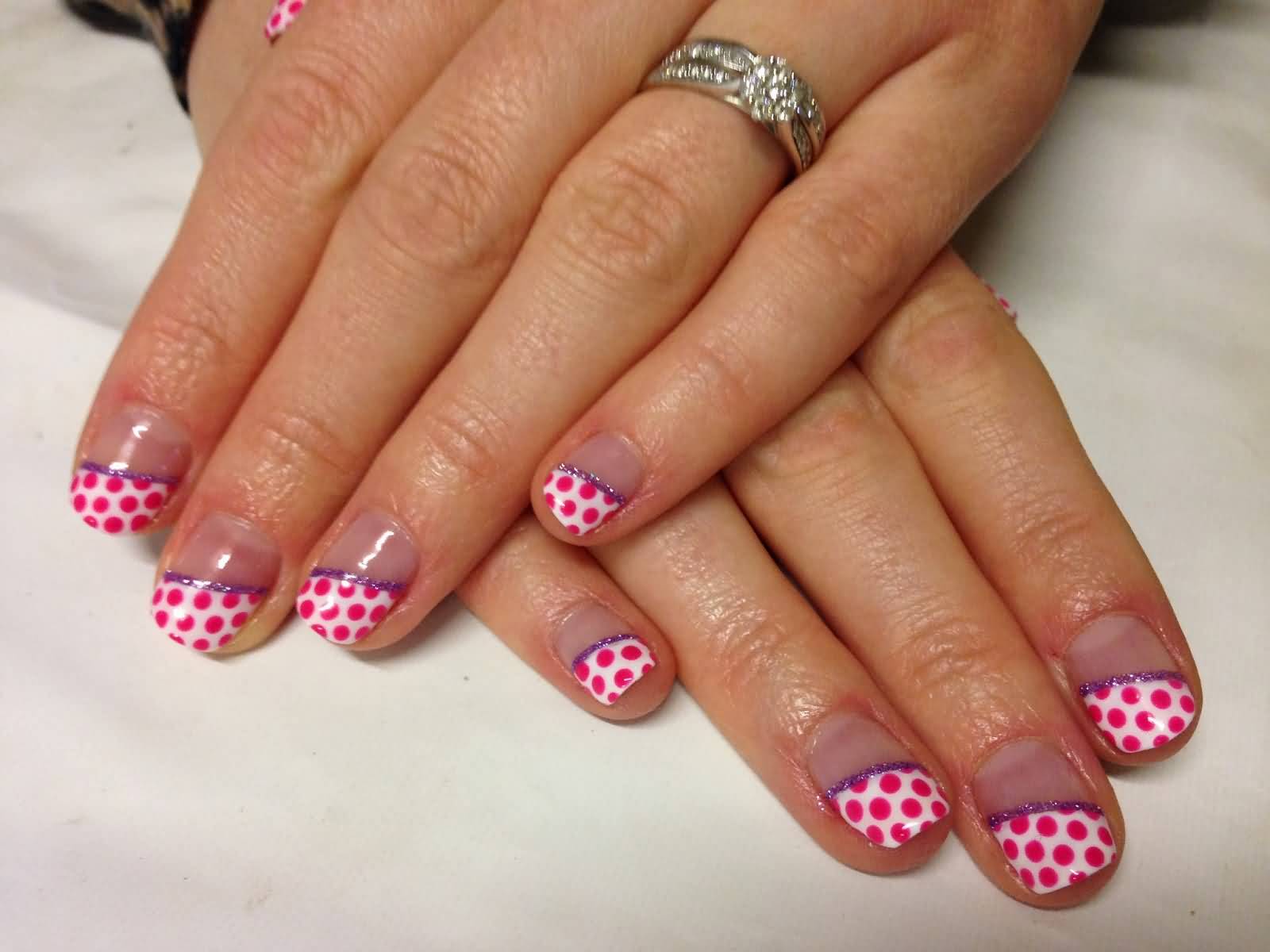 Diagonal French Tip Pink Polka Dots Nail Art