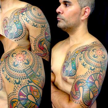 Dotwork Aboriginal Tattoo On Man Left Shoulder