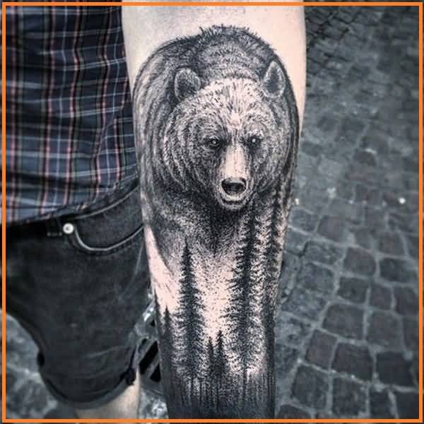 Dotwork Bear And Forest Tattoo On Left Sleeve