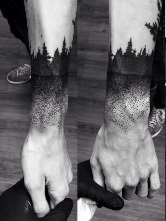 Dotwork Forest Tattoo On Man Left Arm