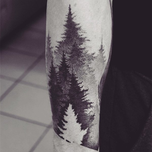 Dotwork Forest Tree Tattoos On Sleeve