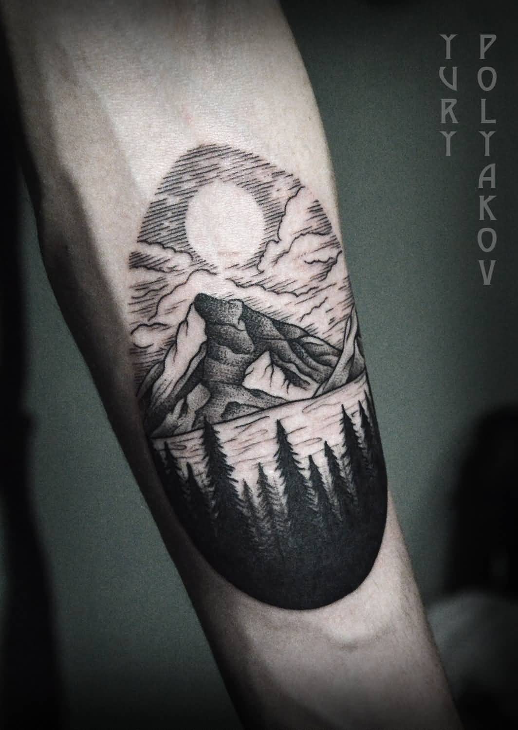 Dotwork Mountain And Forest Tattoo On Arm