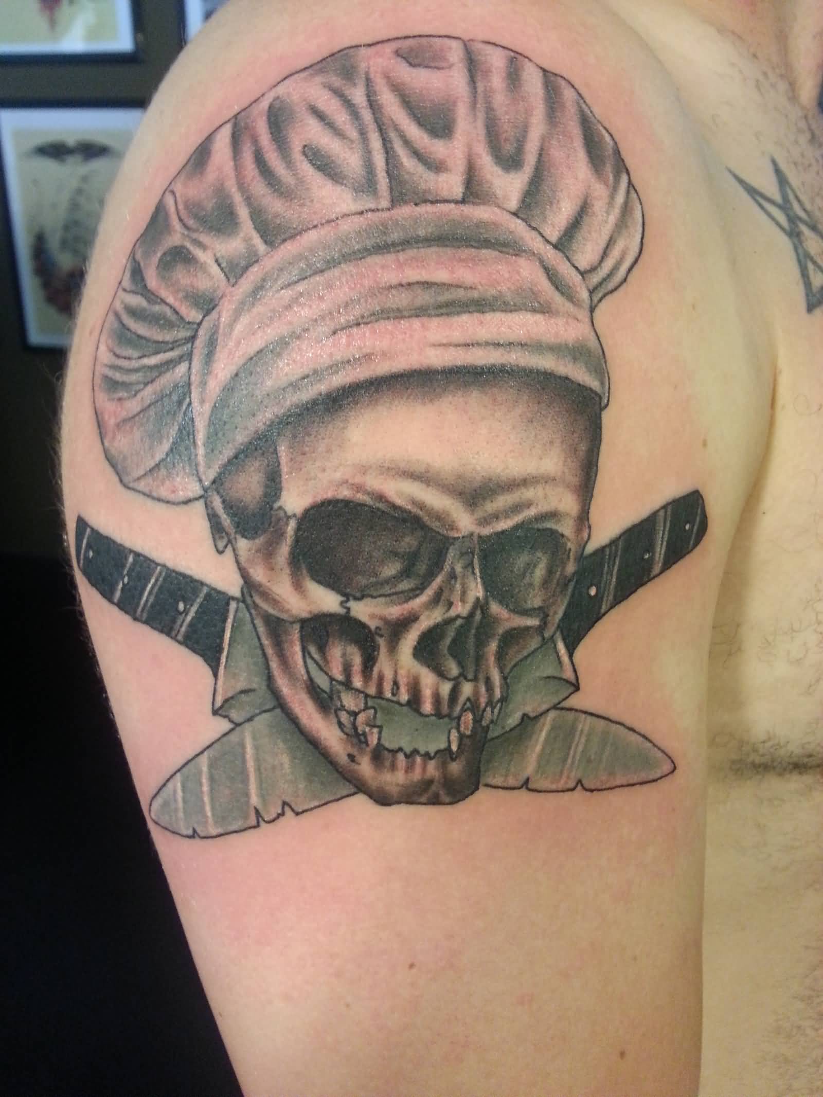 Evil Chef Skull With Knives Traditional Tattoo On Half Sleeve