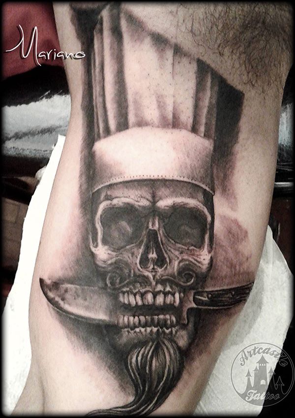 Evil Chef Skull With Mustache And Beard Tattoo