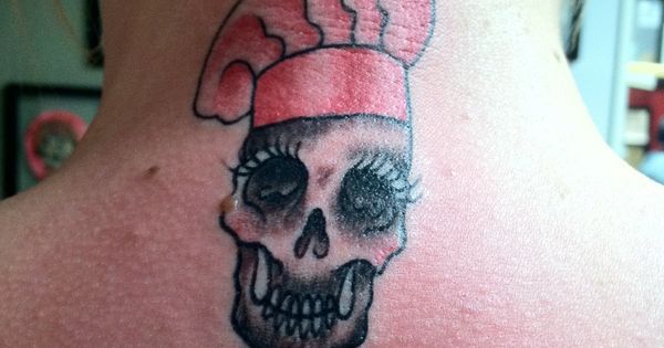 Evil Skull Wearing Red Color Chef Hat Tattoo On Nape
