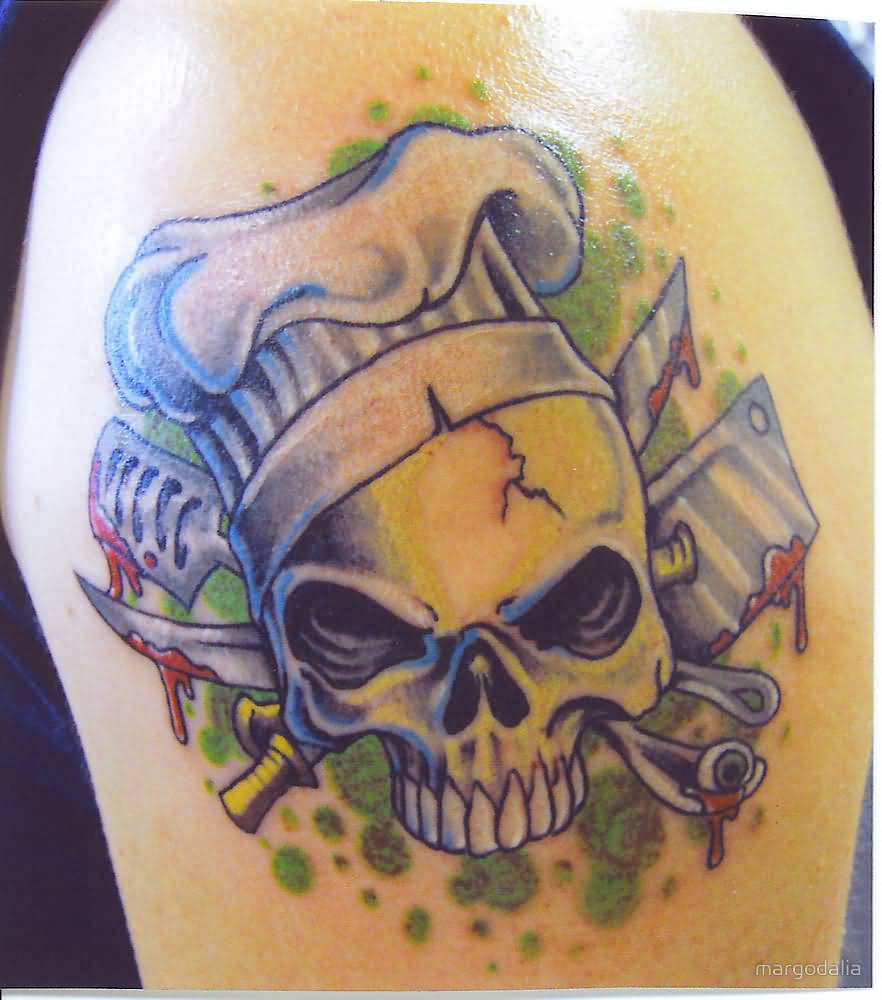 Evil Skull With Chef Hat And Knives Tattoo On Half Sleeve