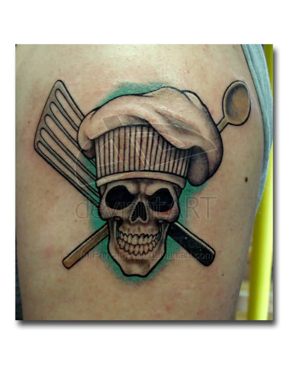 Extremely Beautiful Chef Skull With Crossed Spoon Tattoo