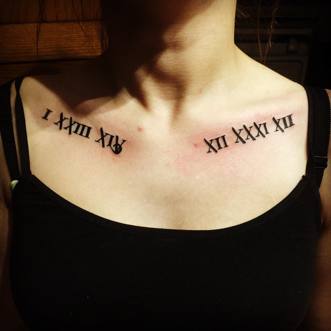 Extremely Beautiful Numerals Tattoos On Collar Bone For Women