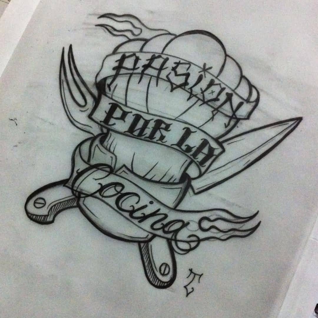 Extremely Nice Chef Hat With Lettering Banner On It And Crossed Knives Tattoo Design
