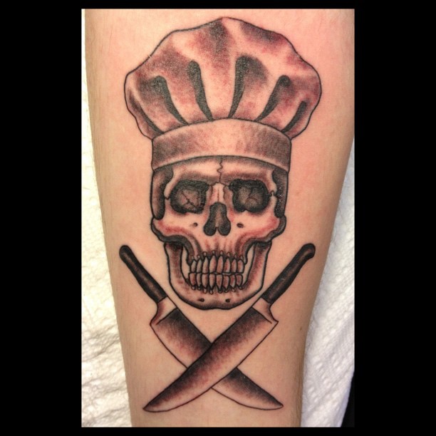 Extremely Nice Chef Skull And Crossed Knives Tattoo