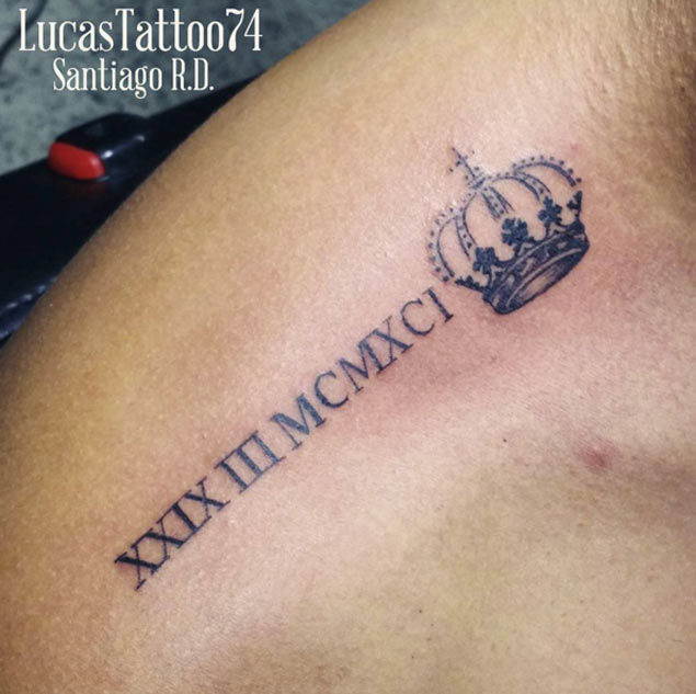 Extremely Nice Roman Numerals With Crown Tattoo On Right Upper Shoulder