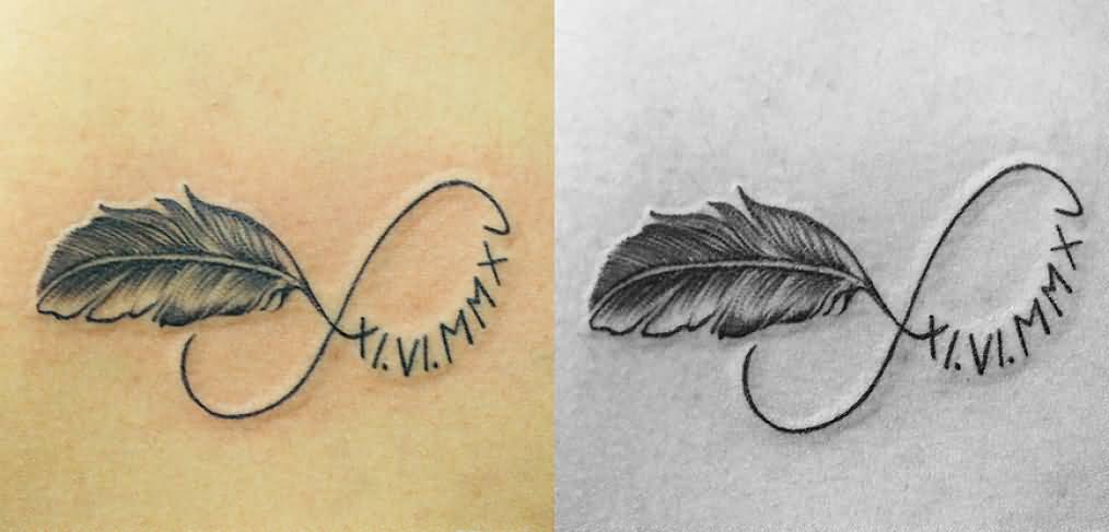 Fabulous Roman Numerals With Feather Infinity Tattoo Design