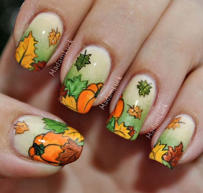 Fallen Leaves And Pumpkin Thanksgiving Nail Art
