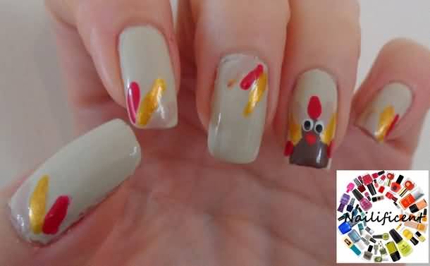 Fallen Leaves With Accent Turkey Face Thanksgiving Nail Art