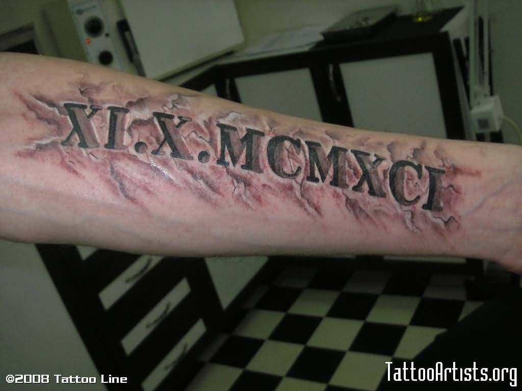 Fantastic Roman Numerals With Nice Background Tattoo On Forearm