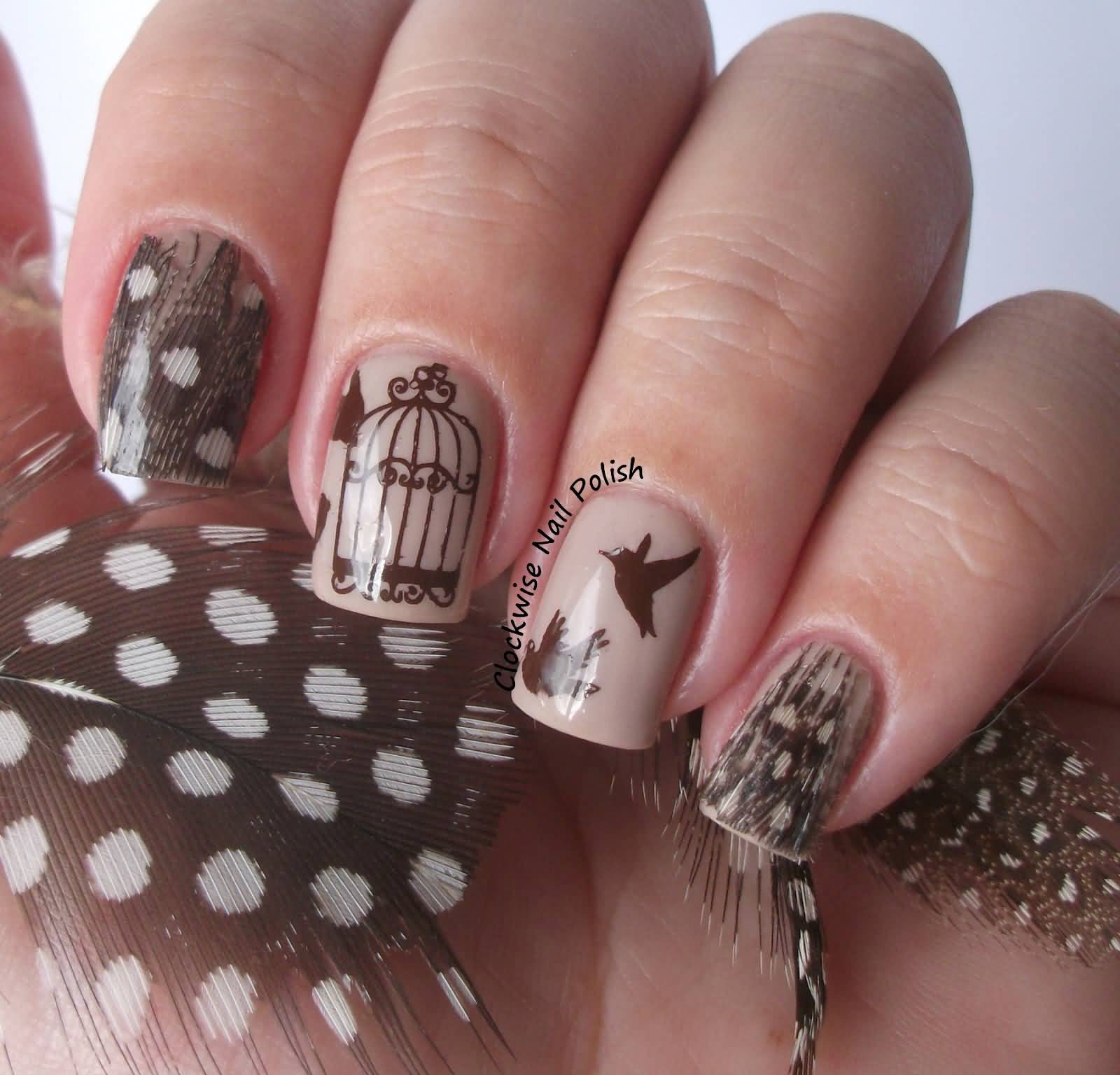 Feather Nail Art With Cage And Flying Birds