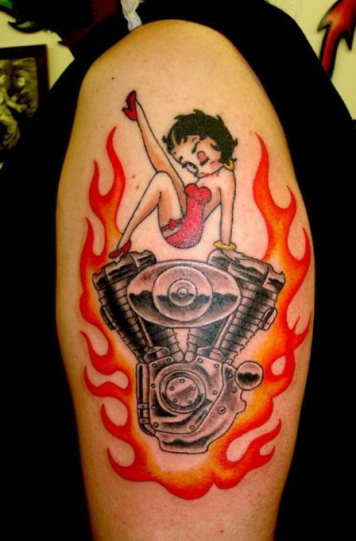 Flaming Engine And Betty Boop Tattoo On Left Half Sleeve