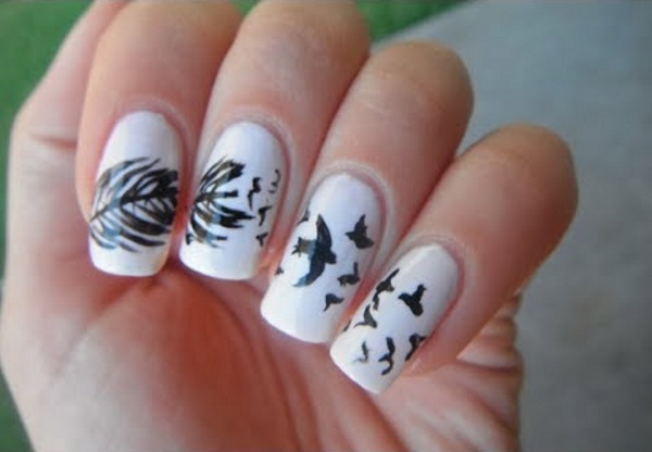 Flying Birds And Feather Nail Art