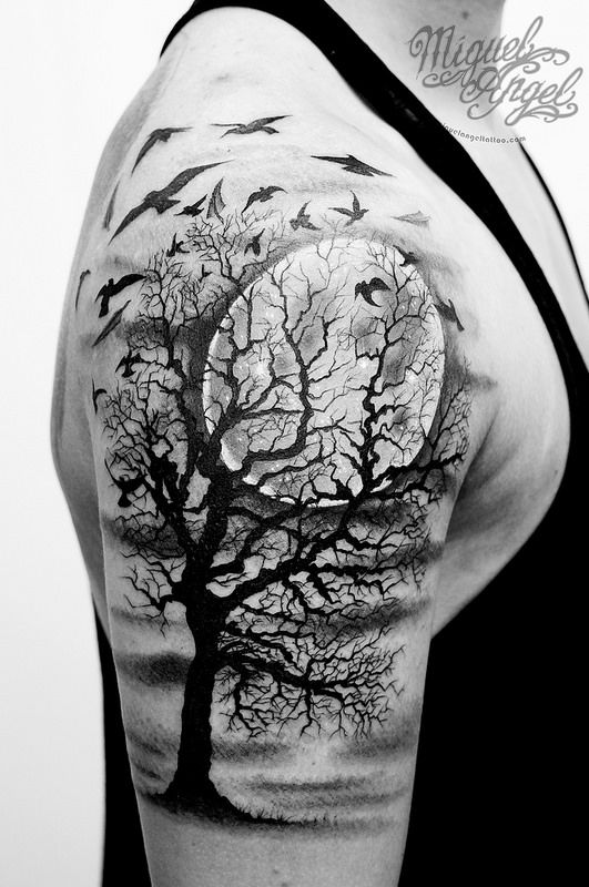 Flying Birds And Moon With Forest Tree Tattoo On Shoulder
