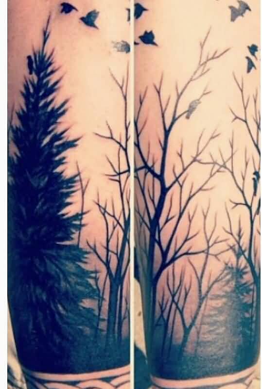 Flying Black Birds And Forest Tree Tattoos
