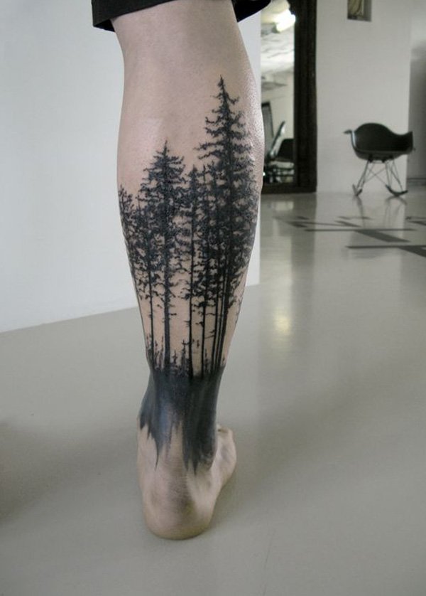 Forest Tattoo On Back Leg