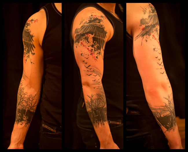 Forest Tattoo On Full Sleeve by Jacob Pedersen