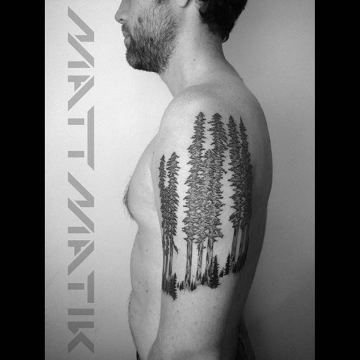 Forest Tattoo On Man Left Shoulder