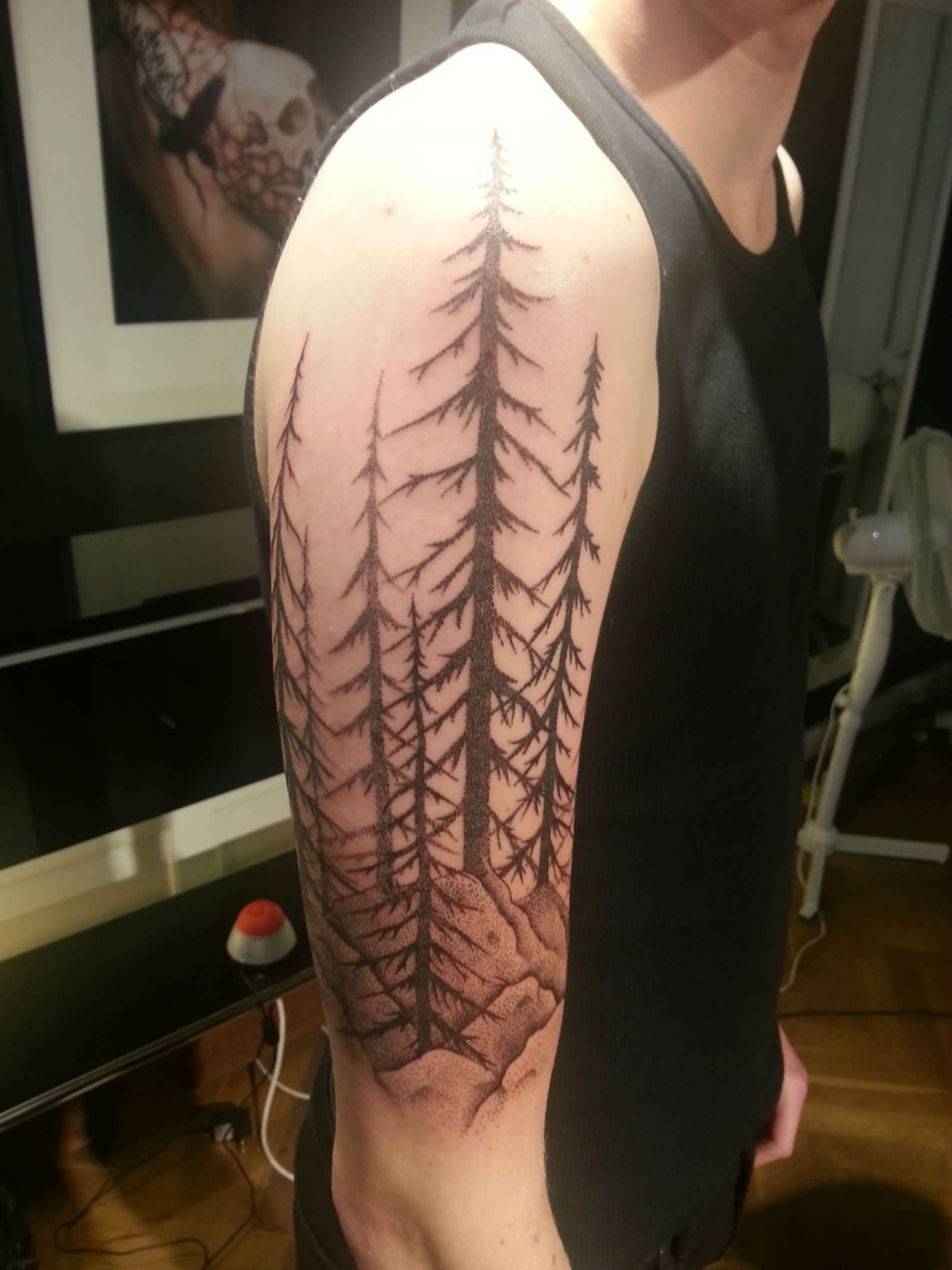 Forest Tattoo On Man Right Half Sleeve For Men