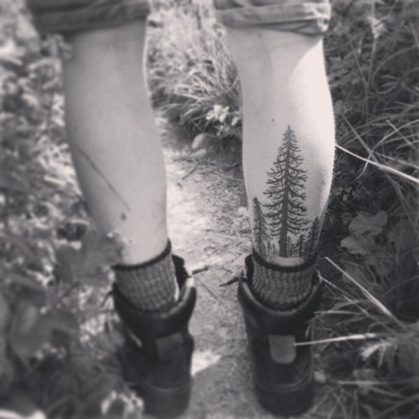Forest Tree Tattoo On Right Back Leg