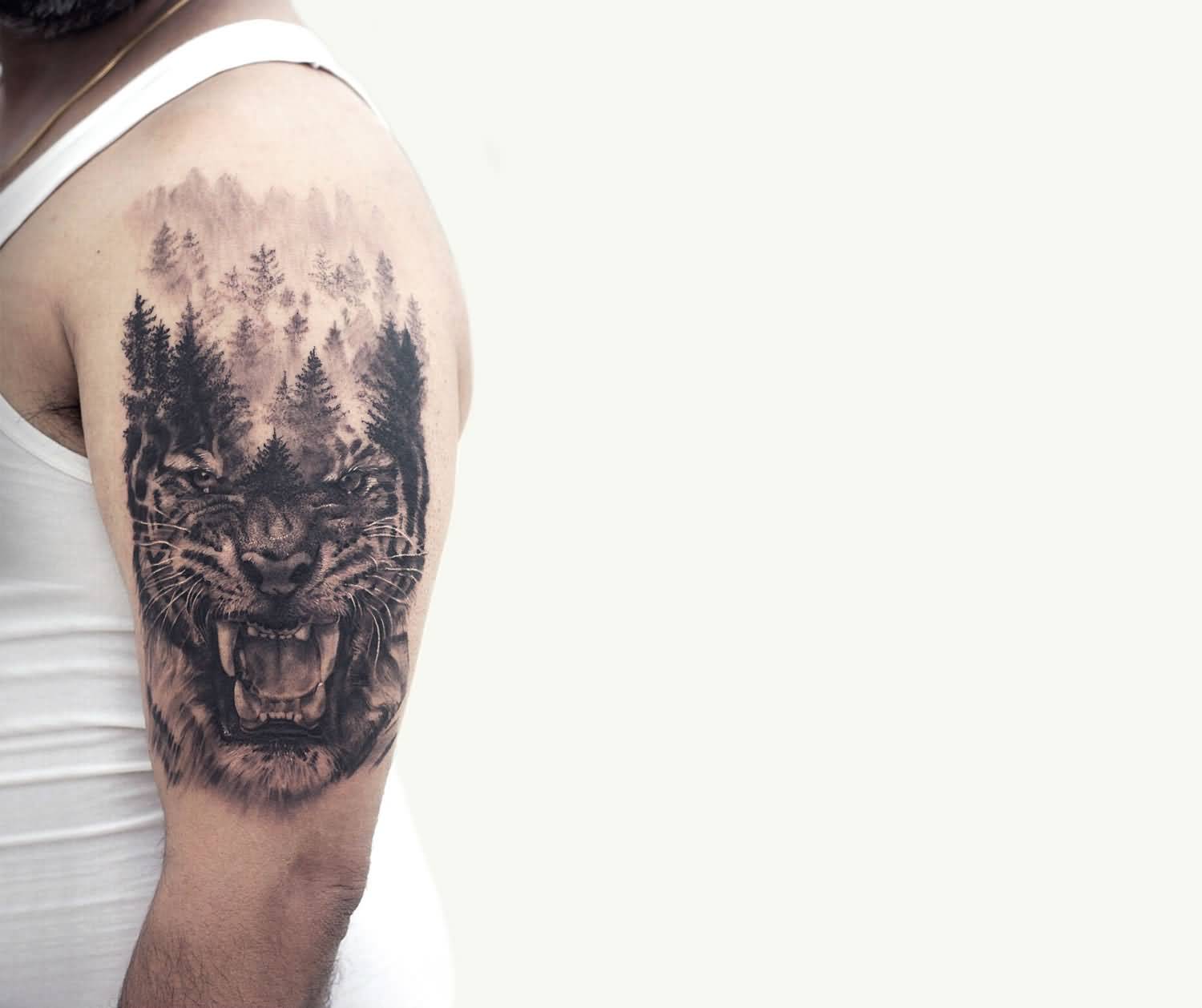 Forest Trees and Angry Tiger Head Tattoo On Left Half Sleeve