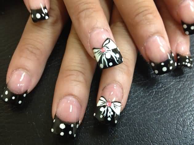 French Tip Black And White Polka Dots Nail Art With Bow Design