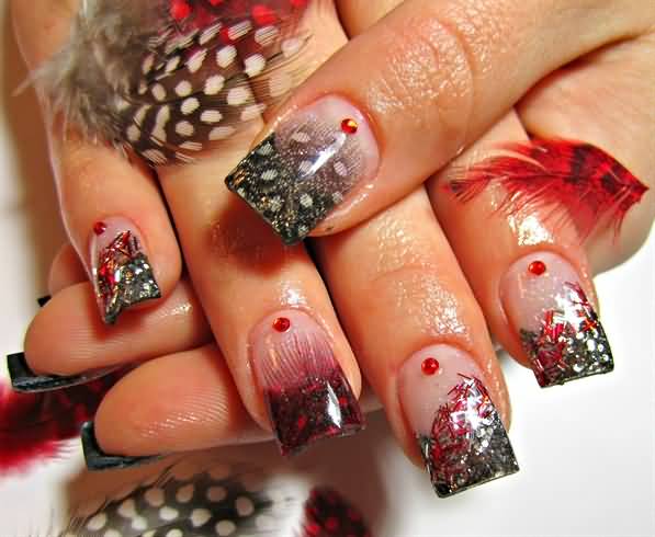 French Tip Glitter And Feather Nail Art