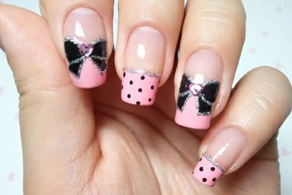 French Tip Polka Dots Nail Art With Black Bow Design